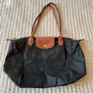 Longchamp purse- black with brown straps, fair condition